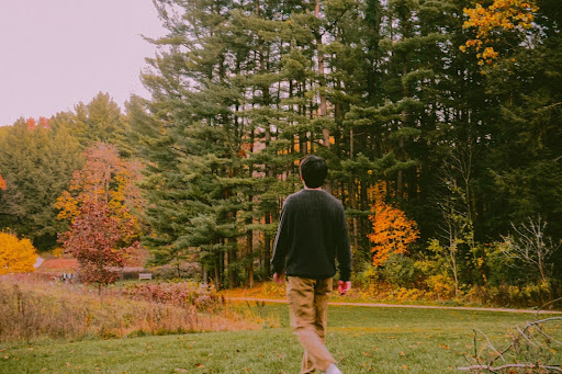 Boy walking in a park with fall colors